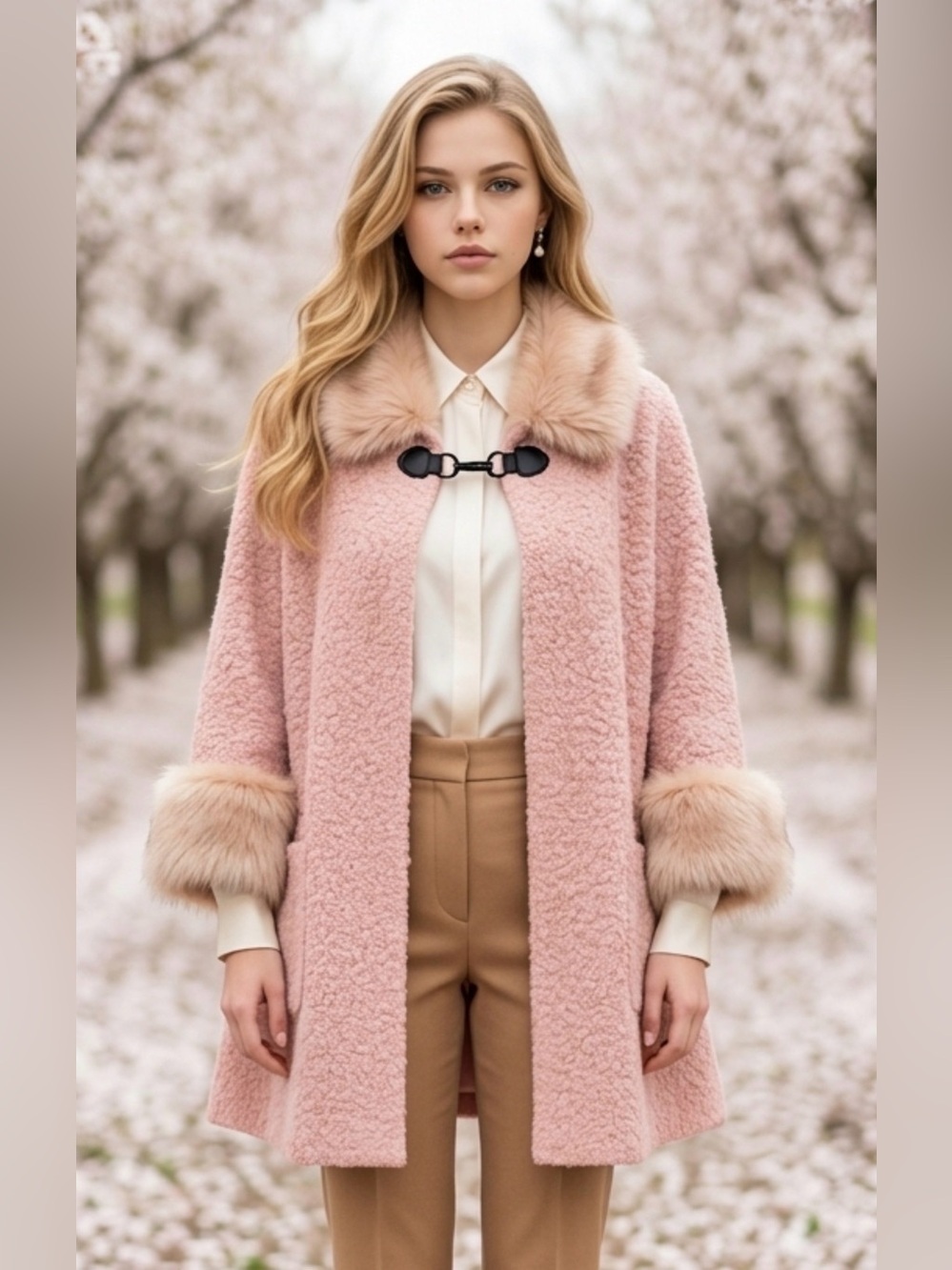 Women's Pink Faux Shearling Coat with Fur Trim